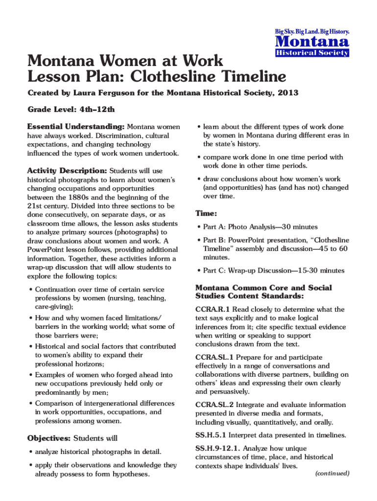 Fillable Online mhs mt Montana Women at Work Lesson Plan Clothesline