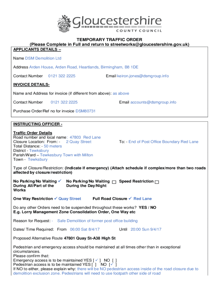 Fillable Online TEMPORARY TRAFFIC ORDER Tewkesbury Town Council Fax