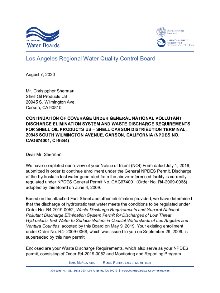 Fillable Online Los Angeles Regional Water Quality Control Board NPDES