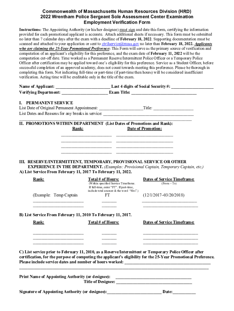 Fillable Online Employment Verification Form 2022 Wrentham Police