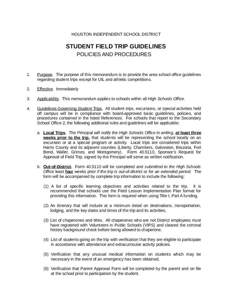 Student Trips; Guidelines Regarding Houston ISD Doc Template pdfFiller