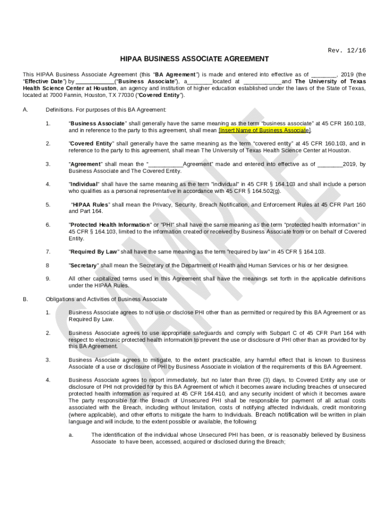 Business Associate Agreement Template Doc Template pdfFiller