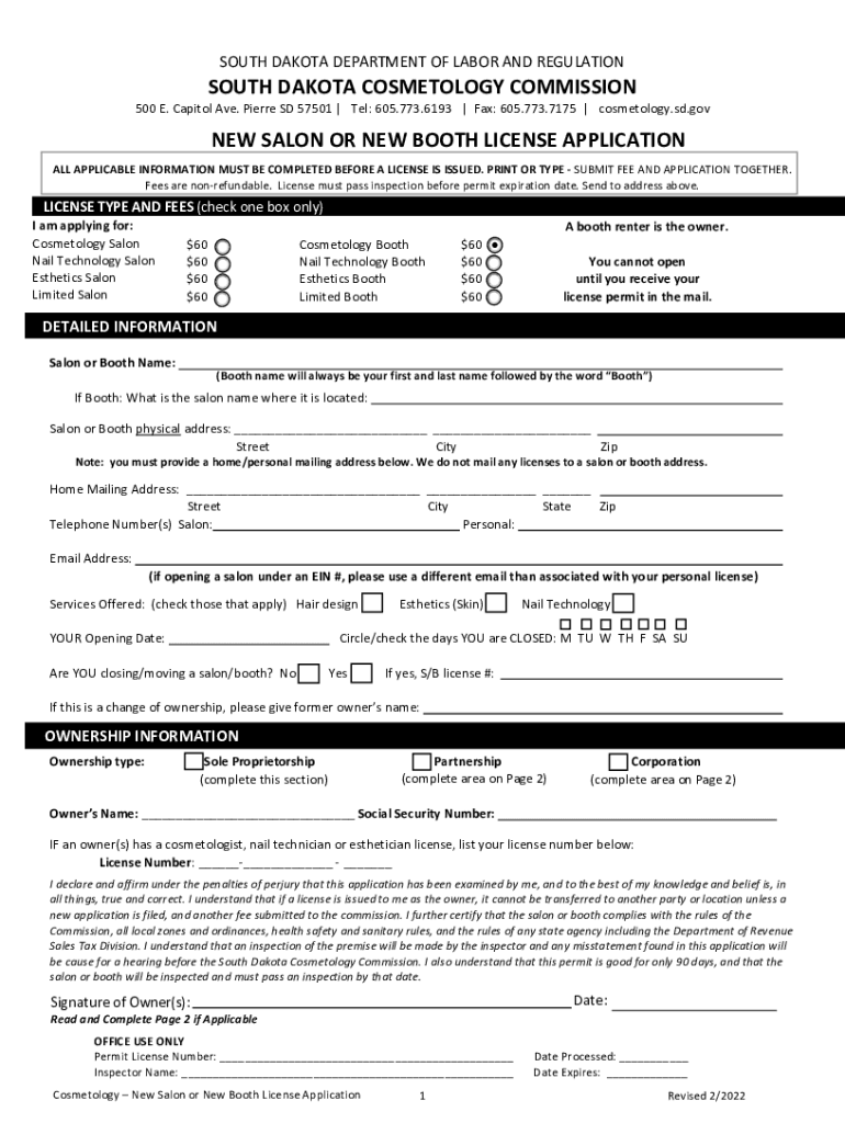 Fillable Online dlr sd NEW ESTABLISHMENT/BOOTH RENTAL LICENSE