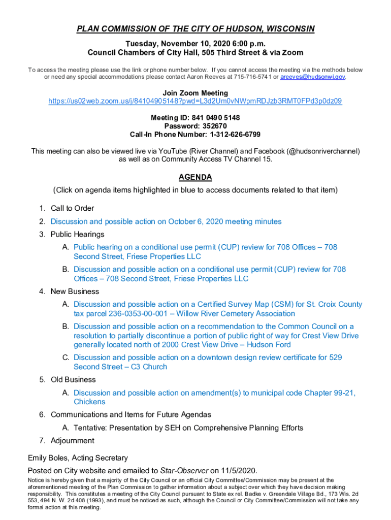 Fillable Online www.hudsonwi.govAgendaCenterViewFilePLAN COMMISSION OF THE CITY OF HUDSON