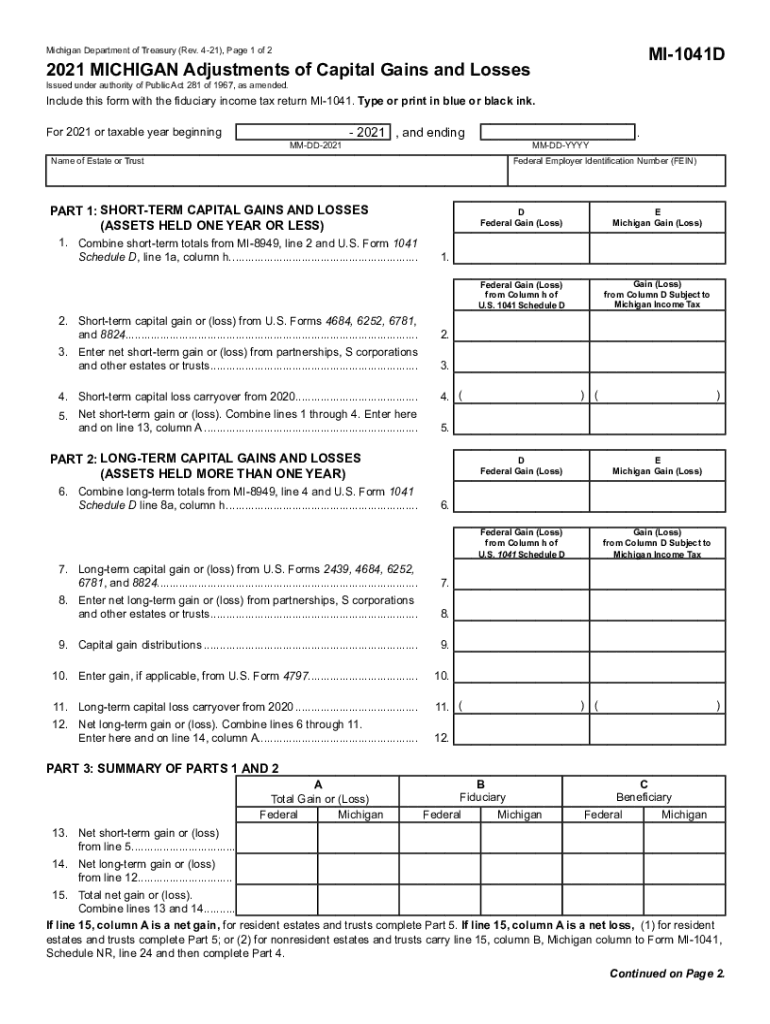2021 MICHIGAN Adjustments of Capital Gains and Losses MI1041D Fill out & sign online DocHub