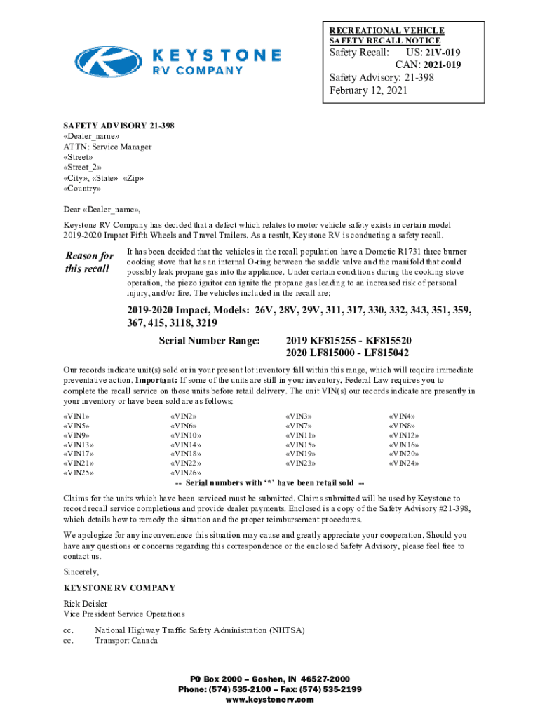 Fillable Online 21398 Dometic Cooking Stove Recall Dealer Letter Fax