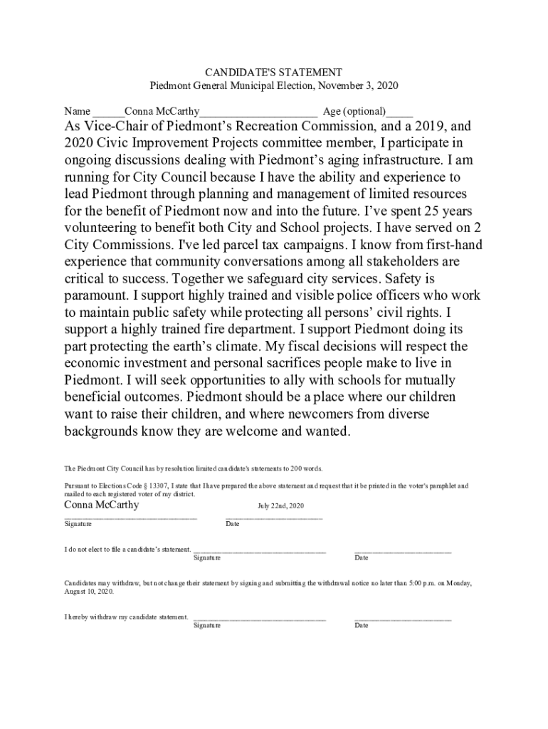 Fillable Online CANDIDATE'S STATEMENT Piedmont General Municipal