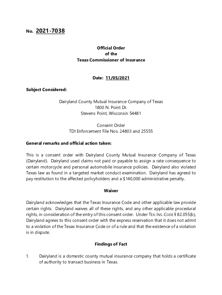 Fillable Online Dairyland County Mutual Insurance Company of Texas Fax