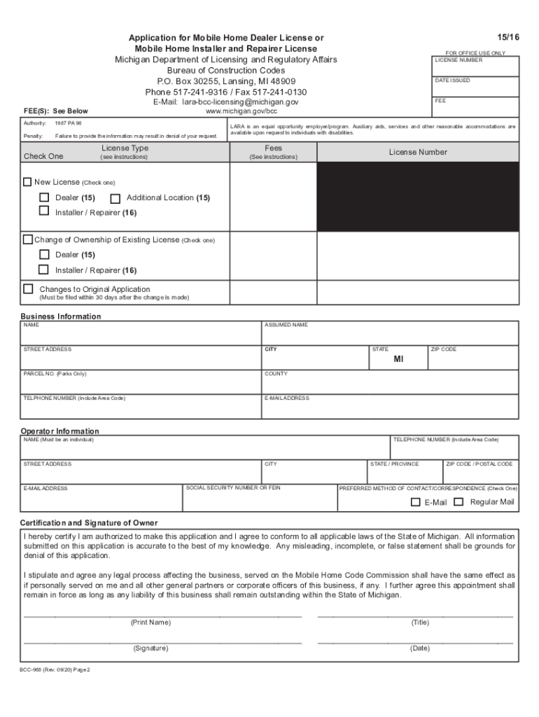 Fillable Online Instructions for Application for Mobile Home Dealer