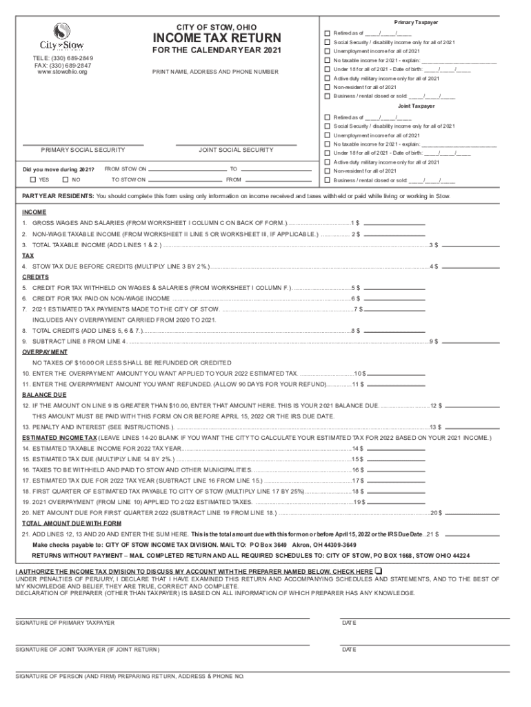 Fillable Online City of Stow The City of Stow Tax Department
