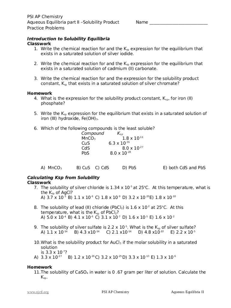 AP Chemistry Aqueous Equilibria part II NJCTL Doc Template
