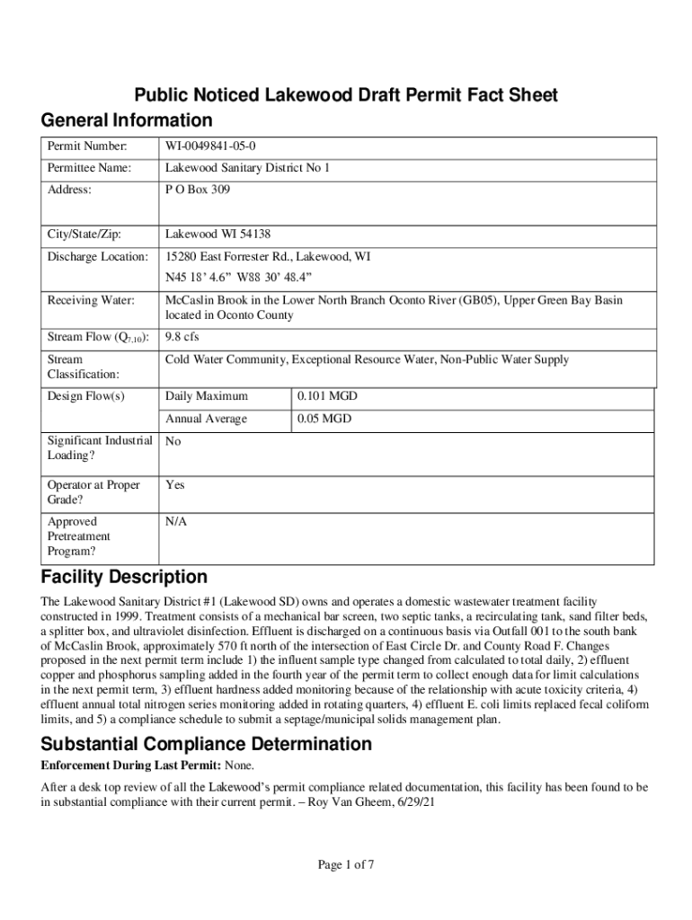 Fillable Online dnr wisconsin WPDES Permit Fact Sheet for Lakewood