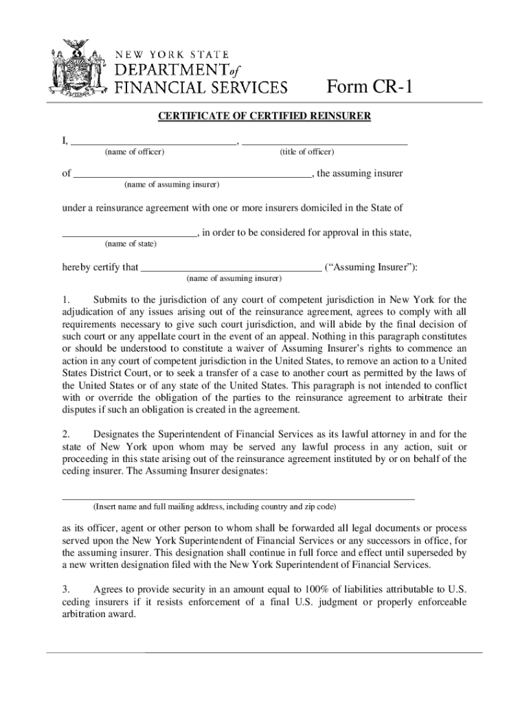 Fillable Online Insurers Certificate of Certified Reinsurer NYS Form