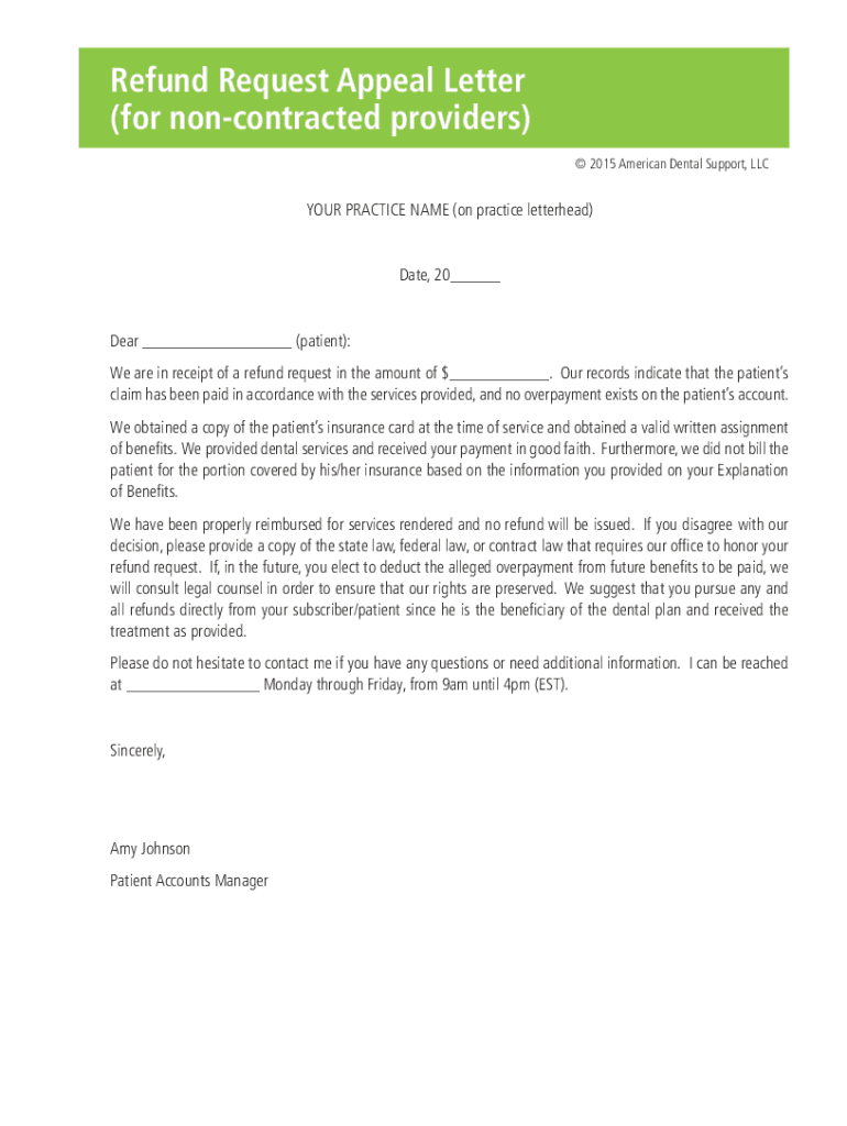 Fillable Online Sample Letter for Dentist to Use to Dispute Refund