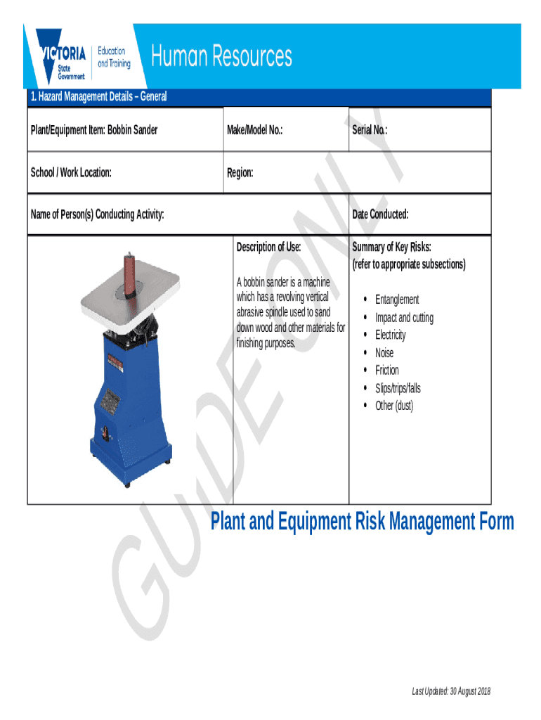 Plant and Equipment Risk Management Bobbin Sander Doc Template