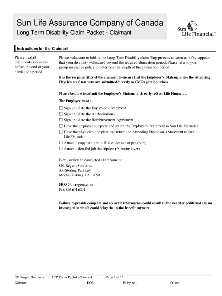 Fillable Online Sunlife Disability Employee Statement