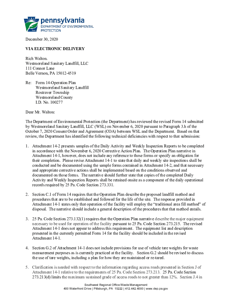 Fillable Online files dep state pa Westmoreland Sanitary Landfill Form 14 Technical Review