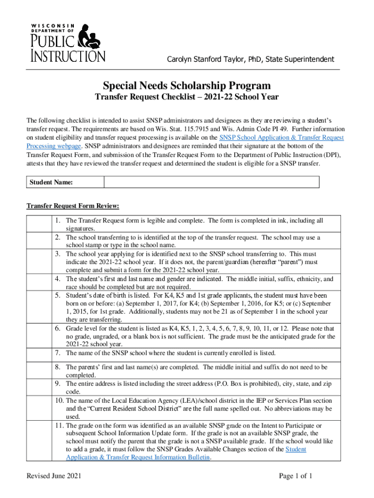 Fillable Online dpi wi Special Needs Scholarship Program Transfer