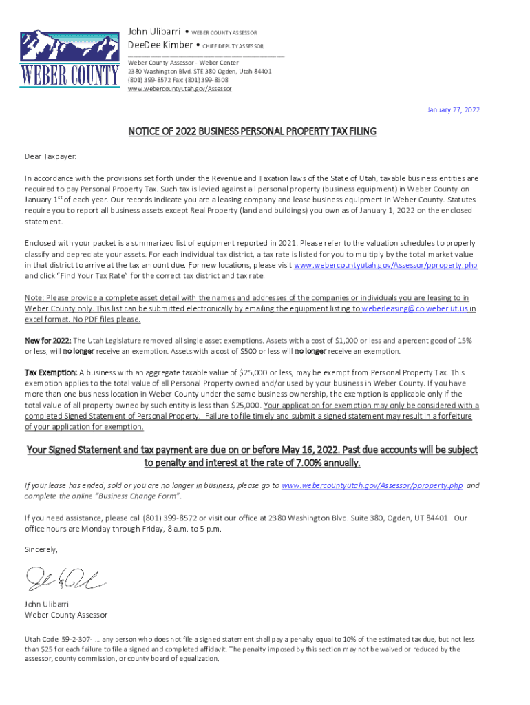 Fillable Online NOTICE OF 2022 BUSINESS PERSONAL PROPERTY TAX FILING
