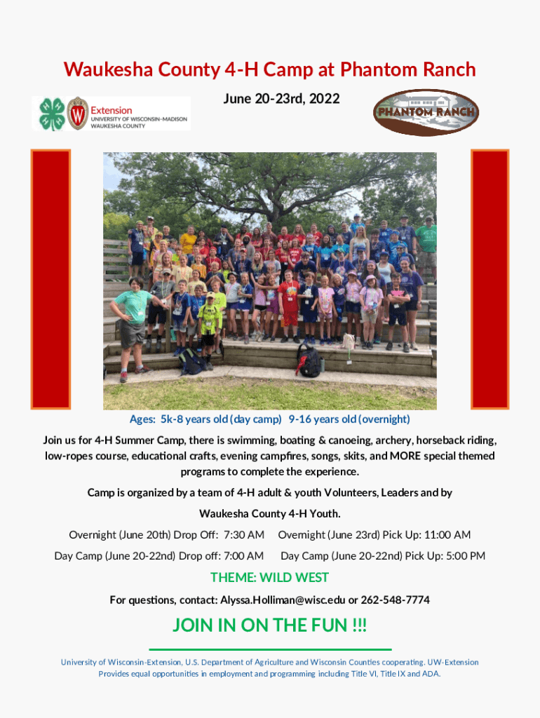 Fillable Online Waukesha County 4H Camp at Phantom Ranch Fax Email