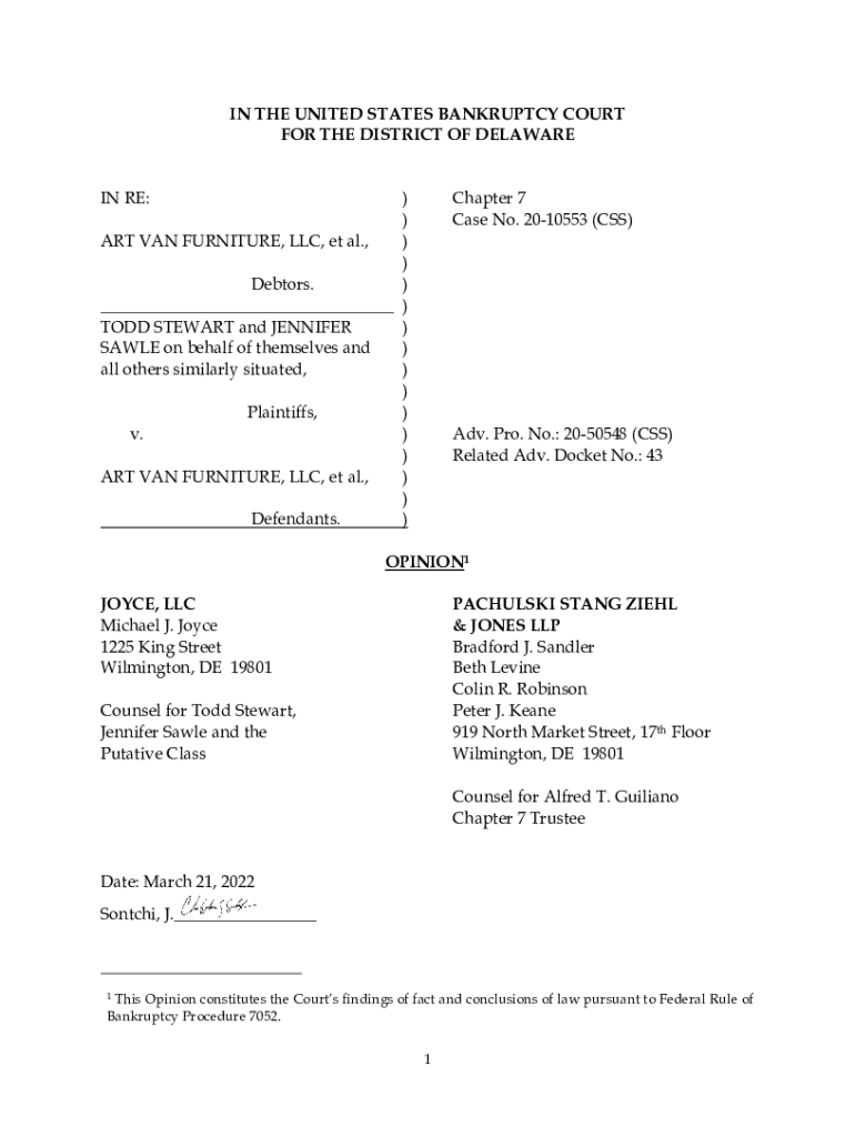 Fillable Online Chapter 7 ) Case No. 2010553 (CSS) ART VAN FURNITUR