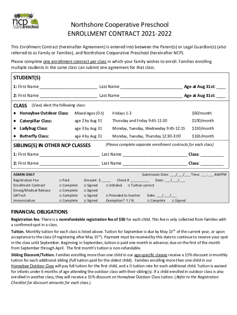 Fillable Online Home Northshore Coop Preschool Fax Email Print