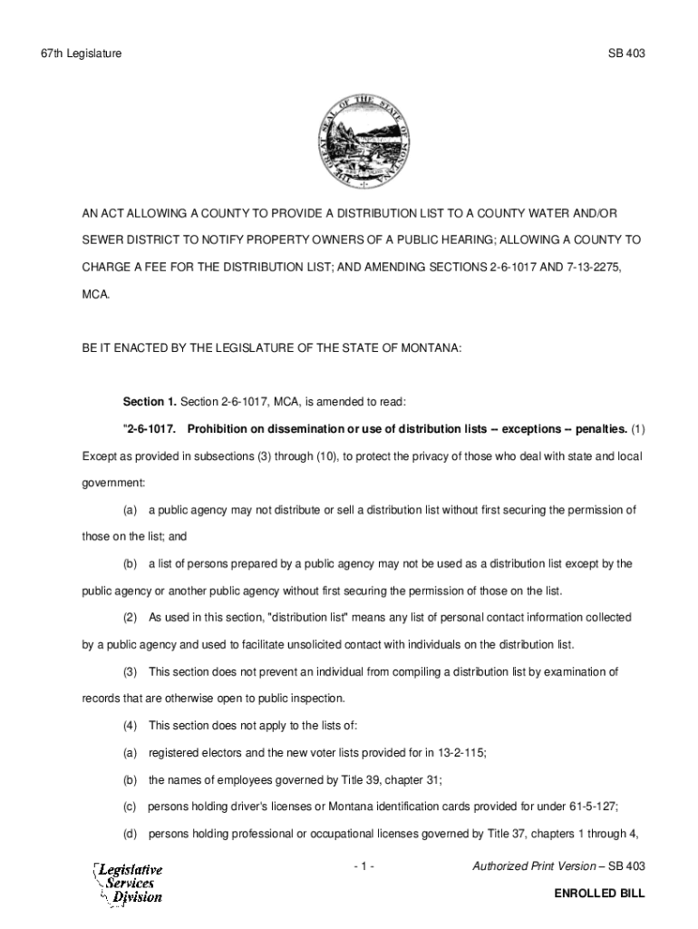 Fillable Online leg mt SB 403 ENROLLED BILL AN ACT ALLOWING A COUNTY TO