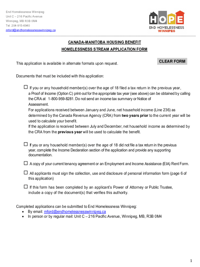 Fillable Online CanadaManitoba Housing Benefit Homelessness Stream