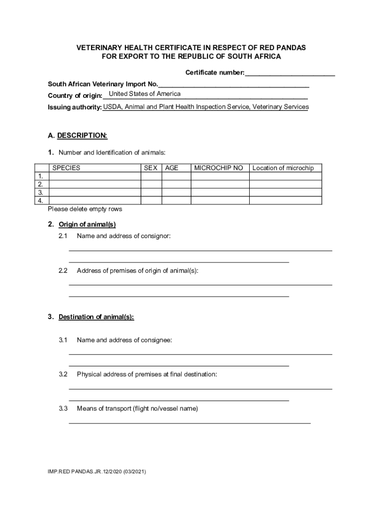Fillable Online Veterinary Health Certificate in Respect of Red Pandas