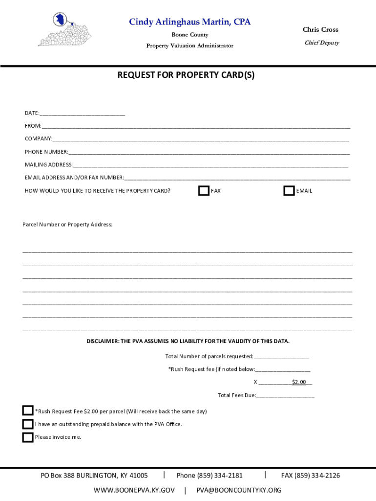 Fillable Online boonepva ky REQUEST FOR PROPERTY CARD(S) Fax Email
