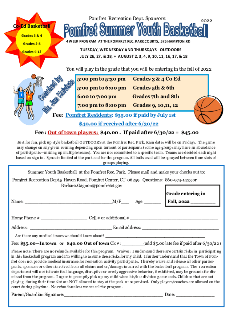 Fillable Online Pomfret Recreation Dept. Sponsors CoEd Basketball Fax