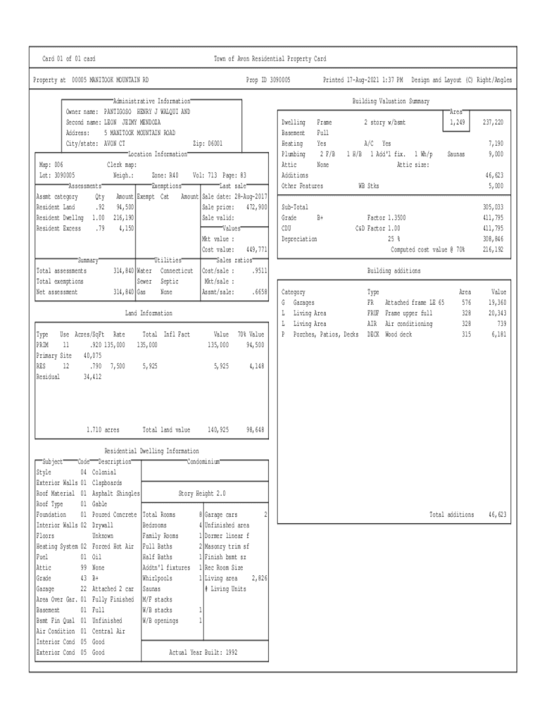 Fillable Online assessor.avonct.govcards3Card 01 of 01 card Town of