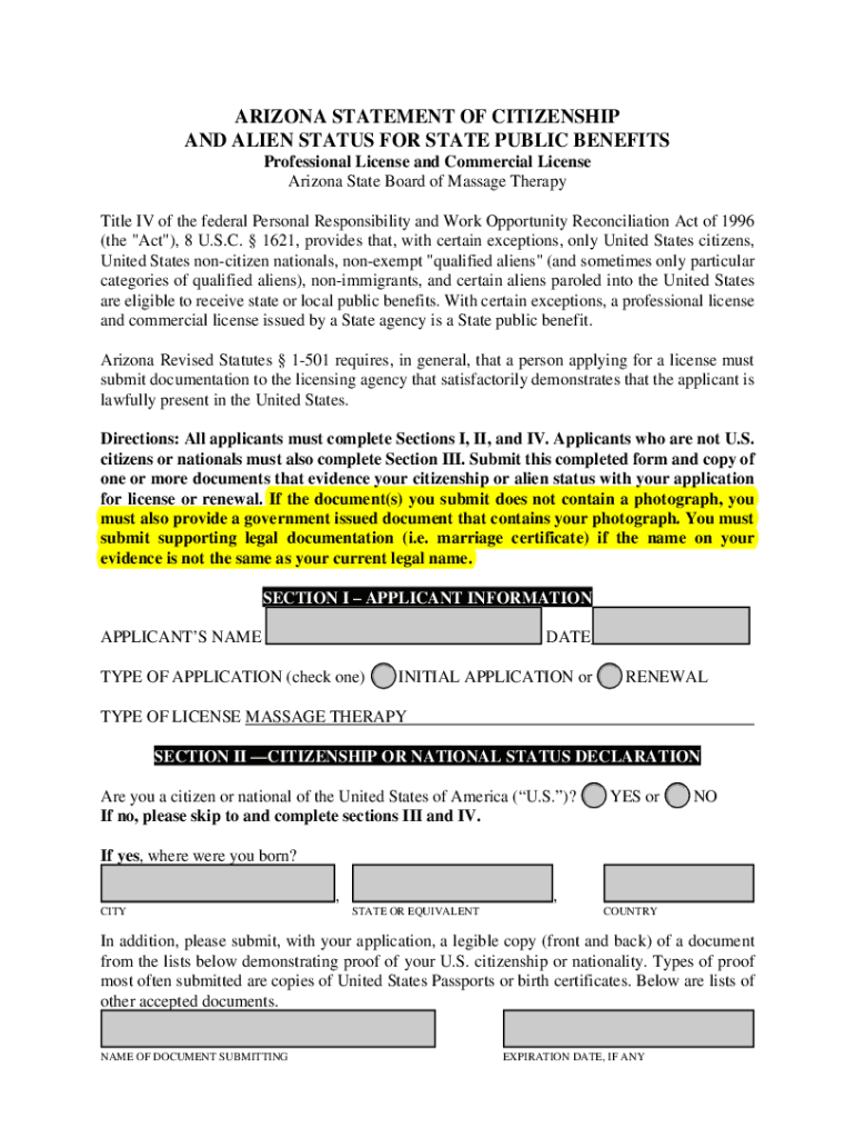 Fillable Online massagetherapy az CITIZENSHIP AND ALIEN STATUS STATEMENT Arizona Department of