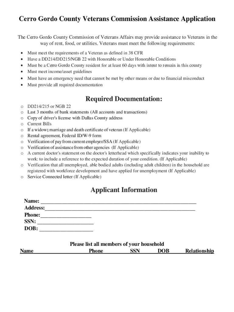 Fillable Online Cerro Gordo County Veterans Commission Assistance