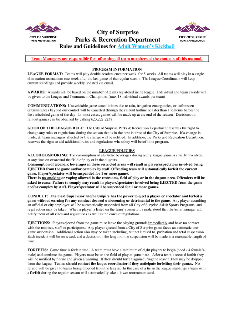 Fillable Online City of Liberty Adult Kickball Program Rules and
