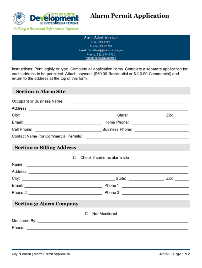 2022 Form TX Alarm Permit Application City of Austin Fill Online