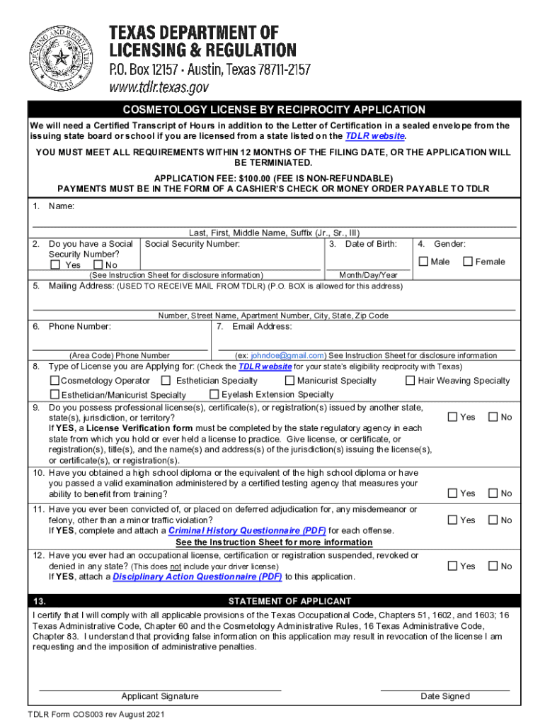 TX TDLR Form COS003 20212022 Fill and Sign Printable Template Online
