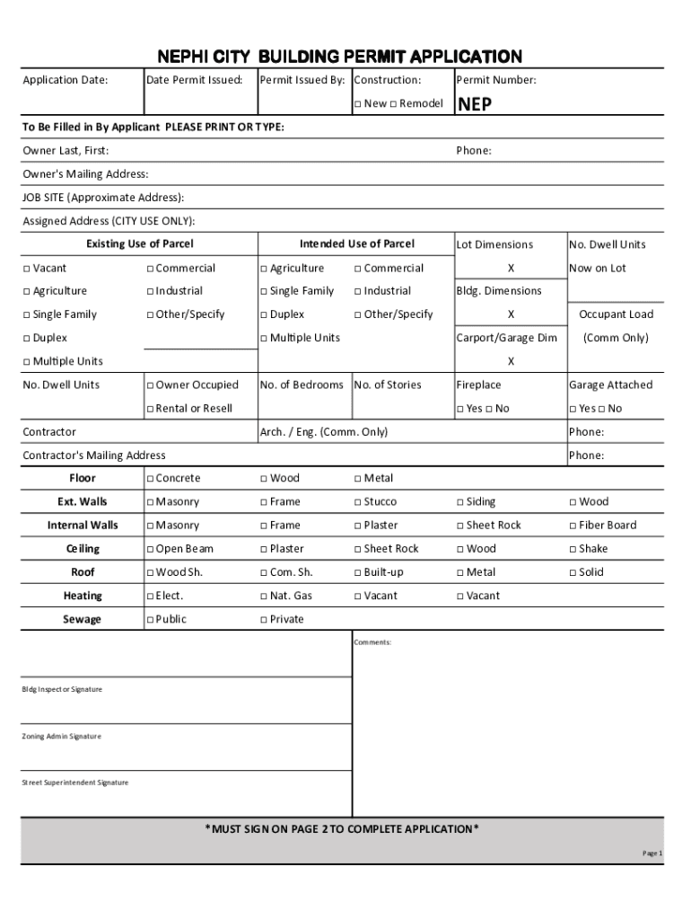 Fillable Online nephi utah NEPHI CITY BUILDING PERMIT APPLICATION
