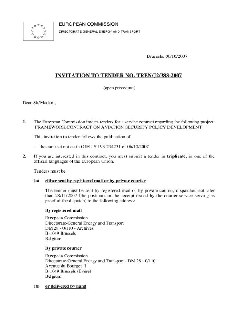 Fillable Online ec europa Tender specifications framework contract