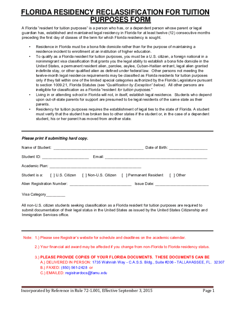 Fillable Online Florida Residency Reclassification for Tuition Purposes