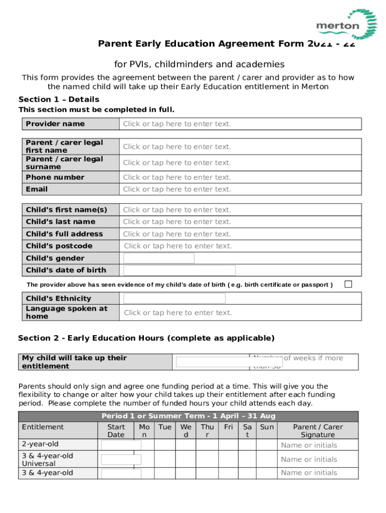 Parent Funding Agreement for PVIs, childminders and Doc Template