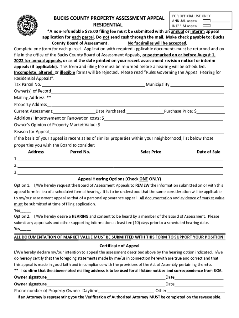 Fillable Online BUCKS COUNTY PROPERTY ASSESSMENT APPEAL RESIDENTIAL Fax