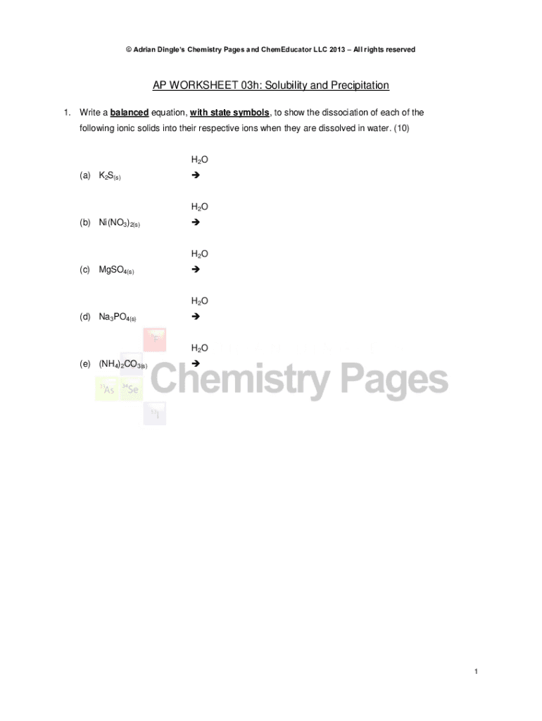 Fillable Online AP WORKSHEET 03h Solubility and Precipitation Adrian Dingle's Fax Email
