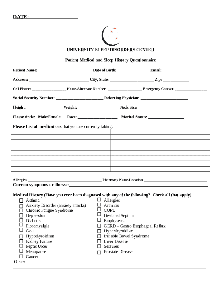 Fillable Online Patient Medical and Sleep History Questionnaire Fax Email Print pdfFiller