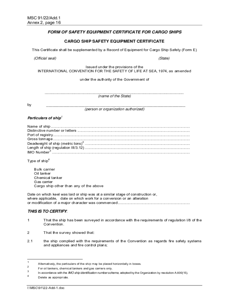 Fillable Online FORM OF SAFETY RADIO CERTIFICATE FOR CARGO SHIPS CARGO Fax Email Print
