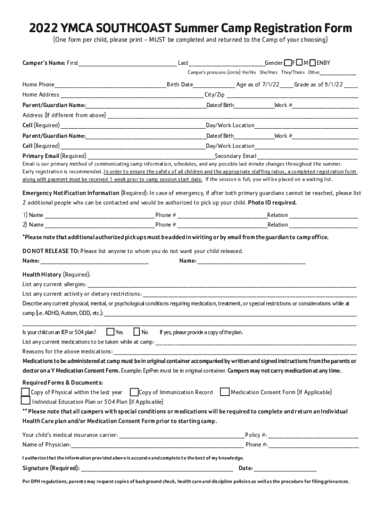 Fillable Online 2022 YMCA SOUTHCOAST Summer Camp Registration Form Fax