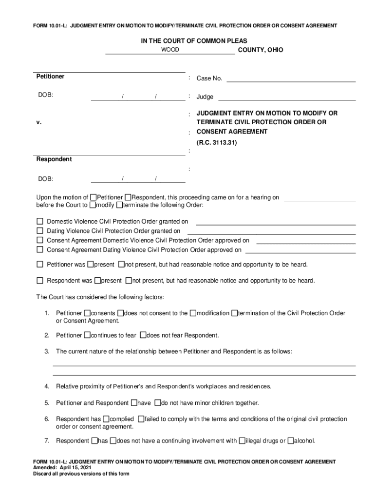 Fillable Online clerkofcourt co wood oh FORM 10.01L JUDGMENT ENTRY ON