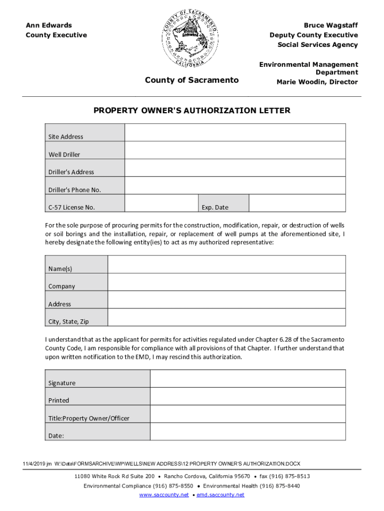 Fillable Online County of Sacramento PROPERTY OWNER'S AUTHORIZATION