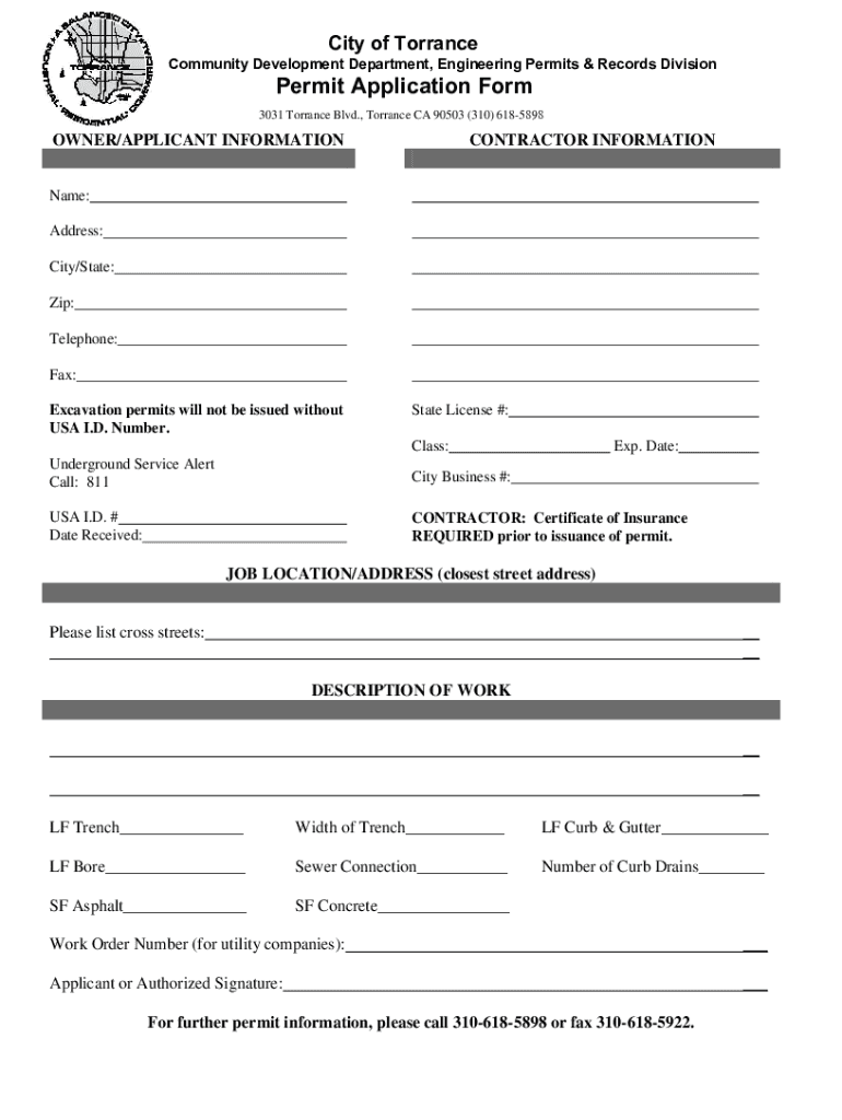 Fillable Online City of Torrance Permit Application Form Fax Email