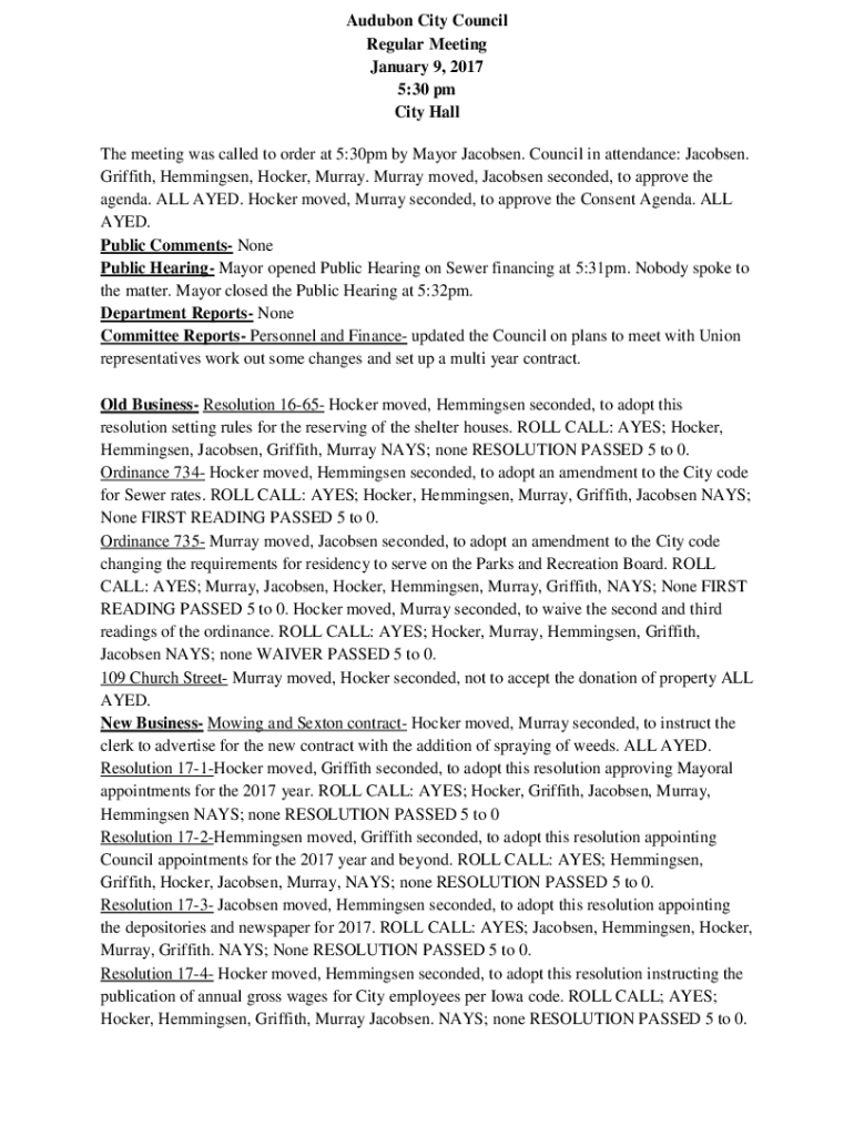 Fillable Online OFFICIAL TENTATIVE AGENDA CITY OF AUDUBON REGULAR